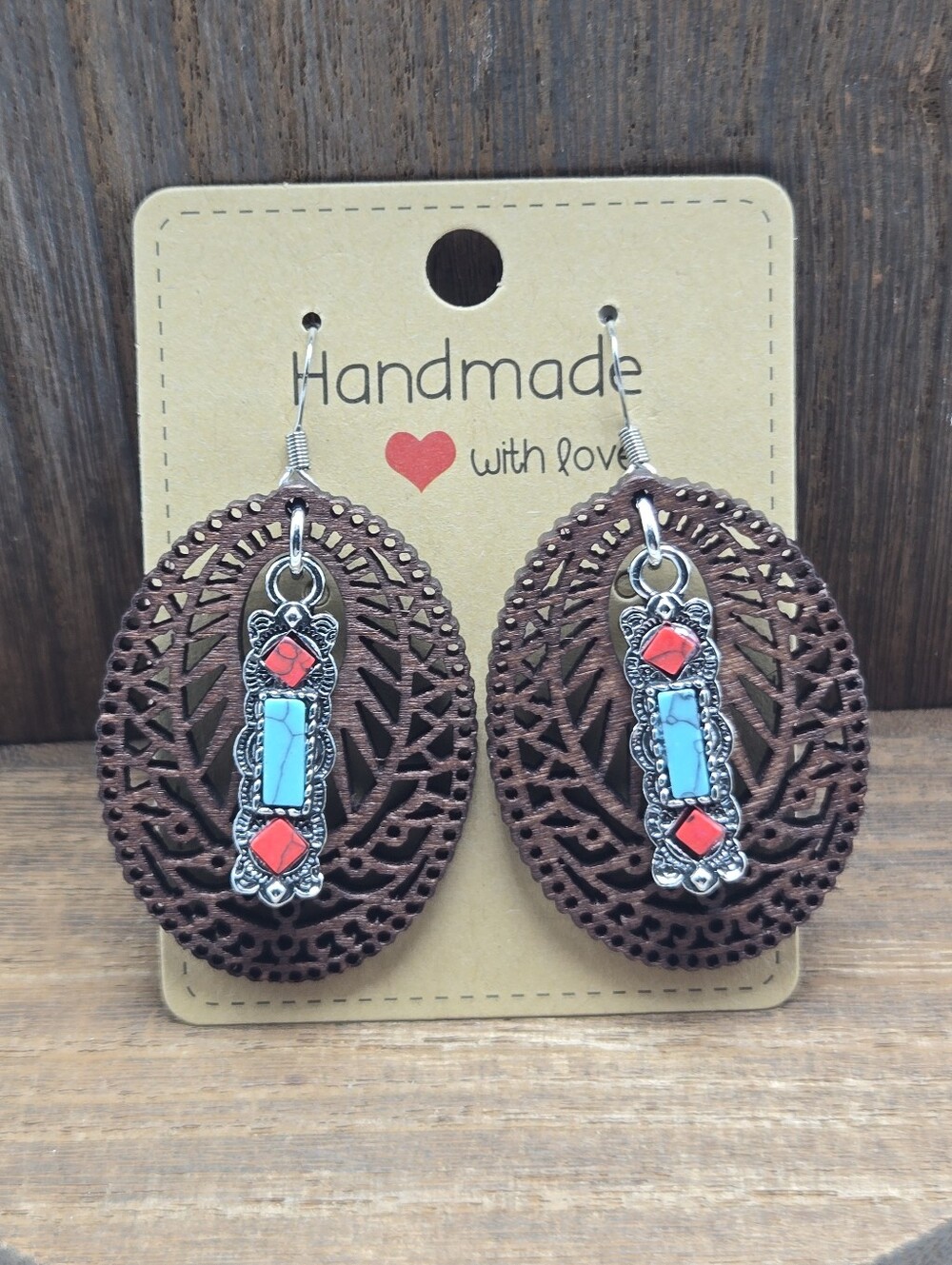 NWT Wood Faux Turquoise Earrings Pierced Silver Tone Oval Western Dangle Drop